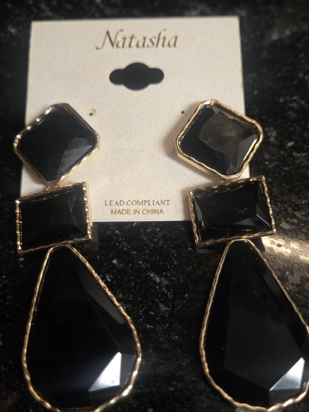 Natasha Couture Black Gold Drop Statement Earrings